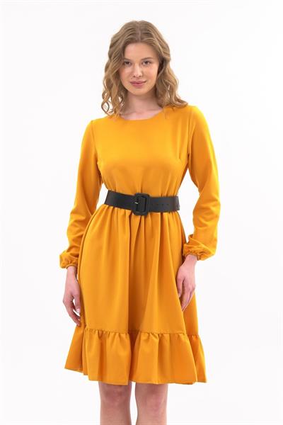 Apsen Kadın Hardal Eteği Fırfırlı Bisiklet Yaka Kemer Detaylı Elbise 4345-100