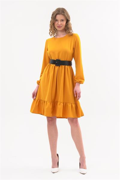 Apsen Kadın Hardal Eteği Fırfırlı Bisiklet Yaka Kemer Detaylı Elbise 4345-100
