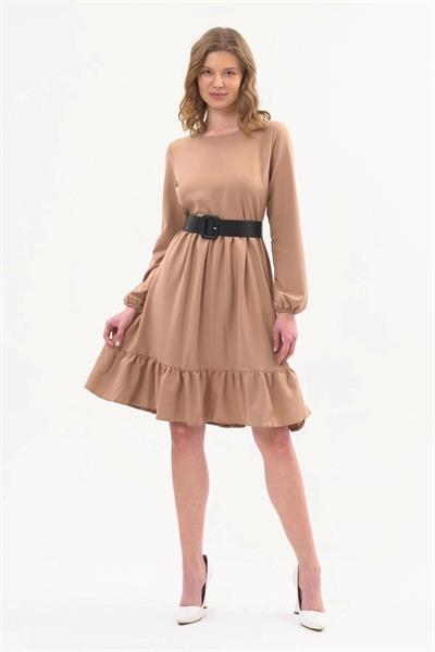 Apsen Kadın Camel Eteği Fırfırlı Bisiklet Yaka Kemer Detaylı Elbise 4345-100
