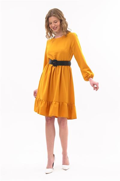 Apsen Kadın Hardal Eteği Fırfırlı Bisiklet Yaka Kemer Detaylı Elbise 4345-100