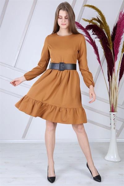 Apsen Kadın Taba Eteği Fırfırlı Bisiklet Yaka Kemer Detaylı Elbise 4345-100