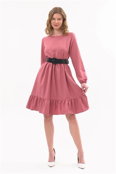 Apsen Kadın Gül Kurusu Eteği Fırfırlı Bisiklet Yaka Kemer Detaylı Elbise 4345-100