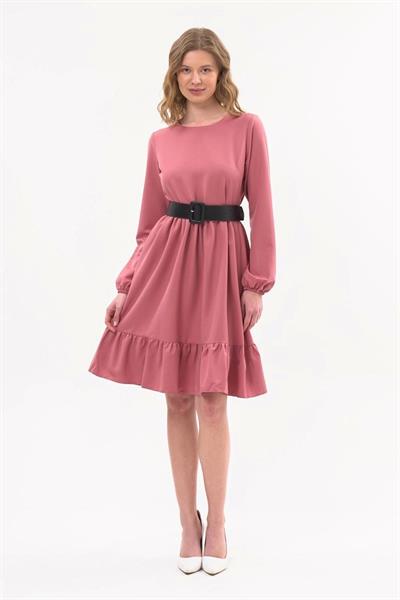 Apsen Kadın Gül Kurusu Eteği Fırfırlı Bisiklet Yaka Kemer Detaylı Elbise 4345-100