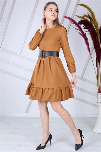 Apsen Kadın Taba Eteği Fırfırlı Bisiklet Yaka Kemer Detaylı Elbise 4345-100