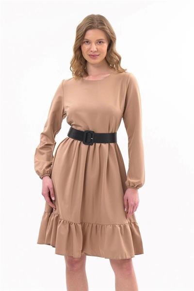 Apsen Kadın Camel Eteği Fırfırlı Bisiklet Yaka Kemer Detaylı Elbise 4345-100