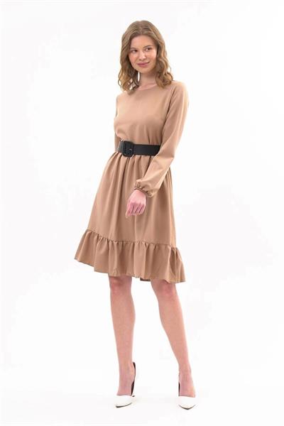 Apsen Kadın Camel Eteği Fırfırlı Bisiklet Yaka Kemer Detaylı Elbise 4345-100