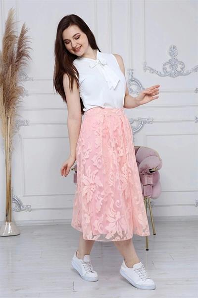 Kadın Pile Detaylı Kloş Uzun Boy Dantel Yazlık Etek 2170/80