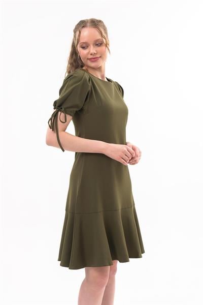 Apsen Kadın Haki Pileli kol Bağlama Detaylı Volanlı Midi Boy Elbise 3812-100 