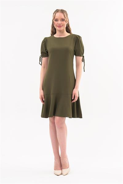 Apsen Kadın Haki Pileli kol Bağlama Detaylı Volanlı Midi Boy Elbise 3812-100 