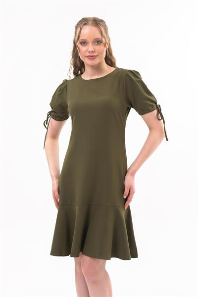 Apsen Kadın Haki Pileli kol Bağlama Detaylı Volanlı Midi Boy Elbise 3812-100 
