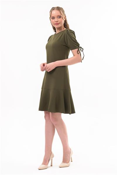 Apsen Kadın Haki Pileli kol Bağlama Detaylı Volanlı Midi Boy Elbise 3812-100 