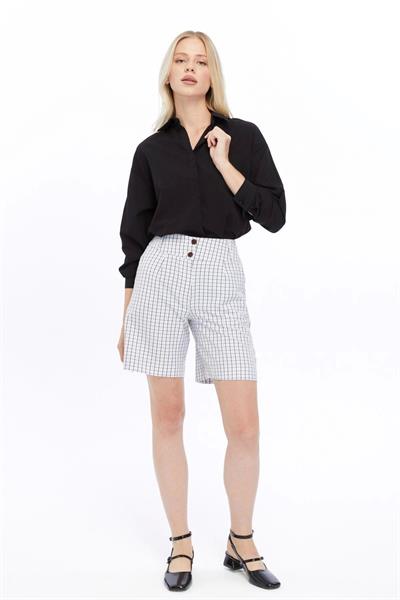 Kadın Sarı Cepli Düğme Detaylı Ekose Şort 360/50