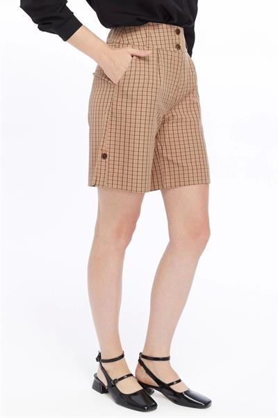 Kadın Sarı Cepli Düğme Detaylı Ekose Şort 360/50