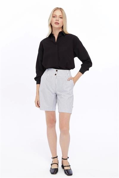 Kadın Sarı Cepli Düğme Detaylı Ekose Şort 360/50