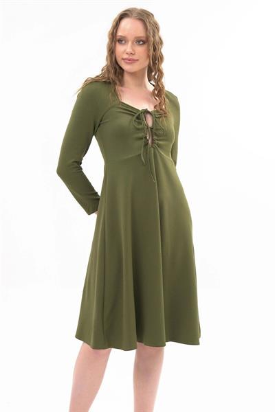 Kadın Scuba Göğsü Bağlama Detaylı Uzun Kol Mevsimlik Midi Boy Elbise 4421/110