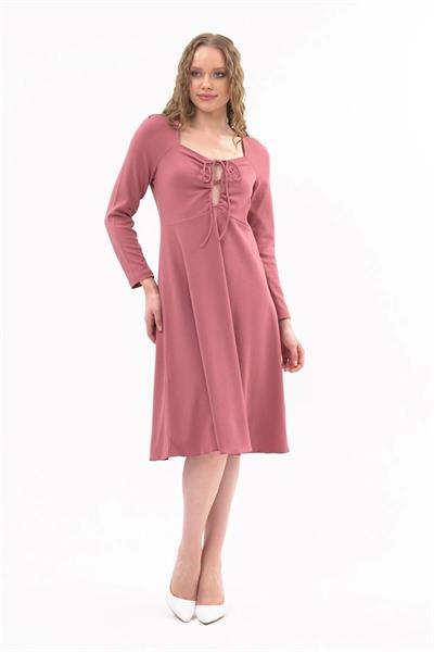 Kadın Scuba Göğsü Bağlama Detaylı Uzun Kol Mevsimlik Midi Boy Elbise 4421/110