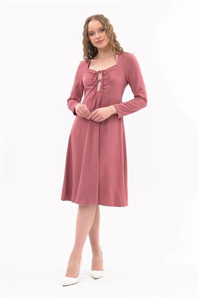 Kadın Scuba Göğsü Bağlama Detaylı Uzun Kol Mevsimlik Midi Boy Elbise 4421/110