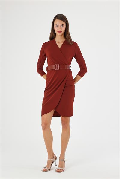 Kadın Scuba Krep Kruvaze Yaka Detaylı Kemerli Mevsimlik Midi Boy Anvelop Elbise 3753/100