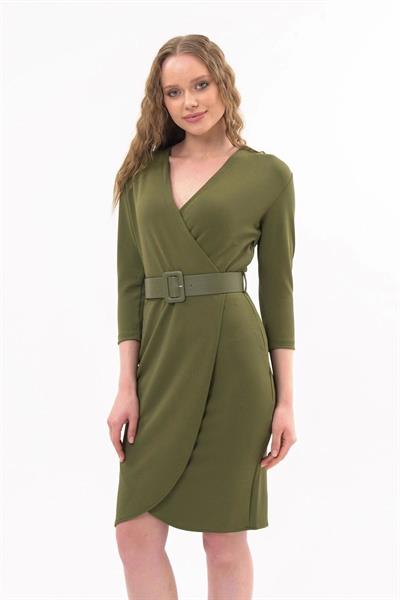 Kadın Scuba Krep Kruvaze Yaka Detaylı Kemerli Mevsimlik Midi Boy Anvelop Elbise 3753/100