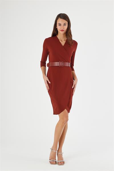 Kadın Scuba Krep Kruvaze Yaka Detaylı Kemerli Mevsimlik Midi Boy Anvelop Elbise 3753/100