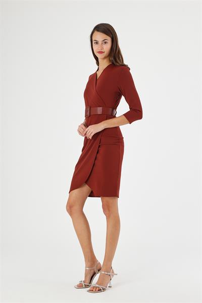 Kadın Scuba Krep Kruvaze Yaka Detaylı Kemerli Mevsimlik Midi Boy Anvelop Elbise 3753/100