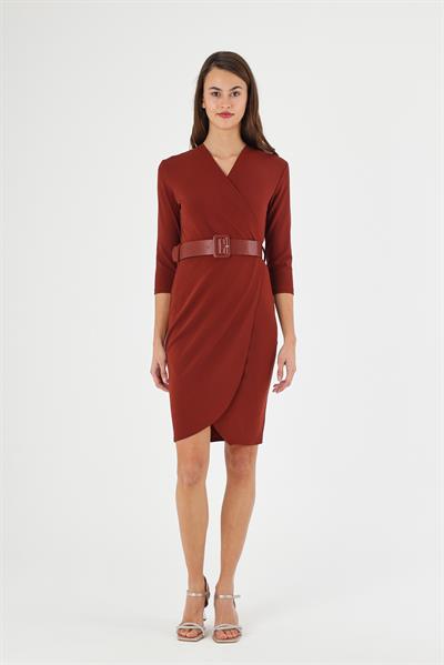 Kadın Scuba Krep Kruvaze Yaka Detaylı Kemerli Mevsimlik Midi Boy Anvelop Elbise 3753/100