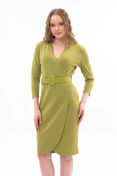 Kadın Scuba Krep Kruvaze Yaka Detaylı Kemerli Mevsimlik Midi Boy Anvelop Elbise 3753/100