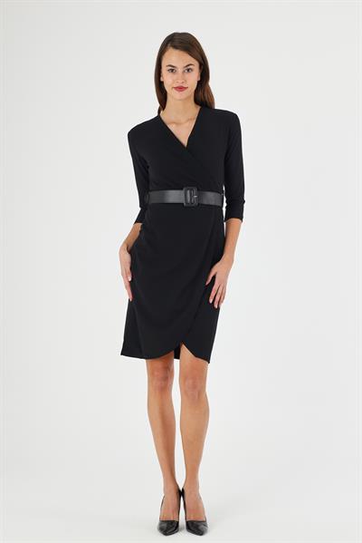 Apsen Kadın Siyah Kruvaze Kemerli Mevsimlik Midi  Anvelop Elbise 3753-100 