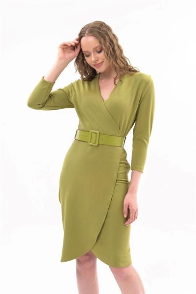 Kadın Scuba Krep Kruvaze Yaka Detaylı Kemerli Mevsimlik Midi Boy Anvelop Elbise 3753/100