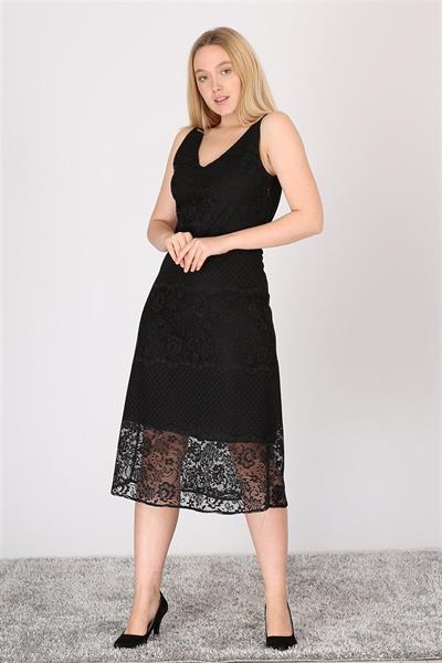 Apsen Kadın Siyah Dantel Detaylı Sıfır Kol V Yaka Midi Boy Elbise 4329-115 