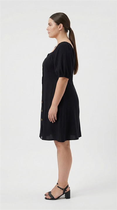 Kadın Siyah Kare Yaka Önü Düğmeli Balon Kol A-Kesim Mini Elbise