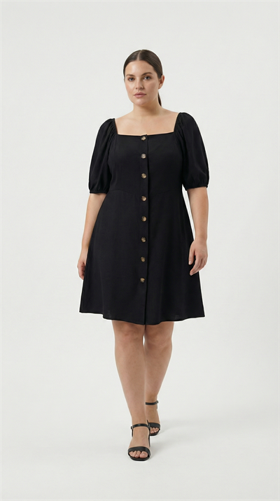 Kadın Siyah Kare Yaka Önü Düğmeli Balon Kol A-Kesim Mini Elbise