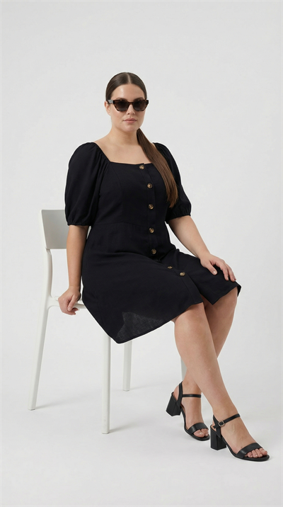 Kadın Siyah Kare Yaka Önü Düğmeli Balon Kol A-Kesim Mini Elbise