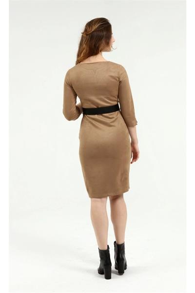 Kadın Süet Bisiklet Yaka Yırtmaç Detaylı Kemerli Truvakar Kol Kışlık Midi Boy Elbise 4423/105