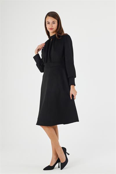 Kadın Süet Hakim Yaka Pile Detaylı Büzgülü Uzun Kol midi Boy Kloş Kışlık Elbise 4412/110