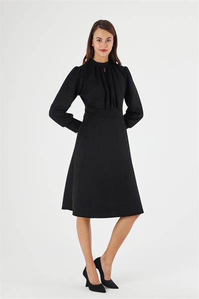 Kadın Süet Hakim Yaka Pile Detaylı Büzgülü Uzun Kol midi Boy Kloş Kışlık Elbise 4412/110