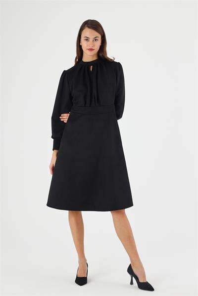 Kadın Süet Hakim Yaka Pile Detaylı Büzgülü Uzun Kol midi Boy Kloş Kışlık Elbise 4412/110