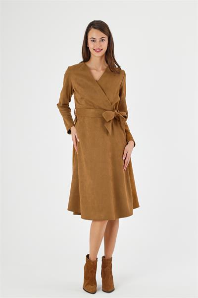 Kadın Süet Kuşaklı Kruvaze Yaka Detaylı Kloş Midi Boy Kışlık Elbise 4407/110