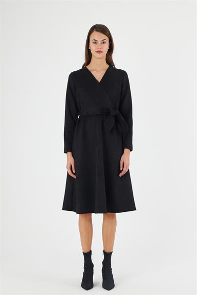 Kadın Süet Kuşaklı Kruvaze Yaka Detaylı Kloş Midi Boy Kışlık Elbise 4407/110