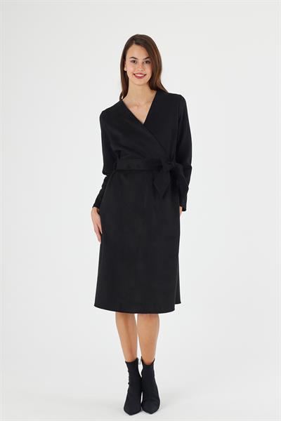 Kadın Süet Kuşaklı Kruvaze Yaka Detaylı Kloş Midi Boy Kışlık Elbise 4407/110