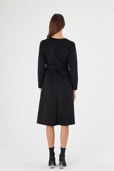 Kadın Süet Kuşaklı Kruvaze Yaka Detaylı Kloş Midi Boy Kışlık Elbise 4407/110