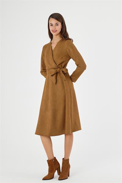 Kadın Süet Kuşaklı Kruvaze Yaka Detaylı Kloş Midi Boy Kışlık Elbise 4407/110