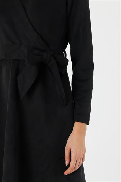 Kadın Süet Kuşaklı Kruvaze Yaka Detaylı Kloş Midi Boy Kışlık Elbise 4407/110