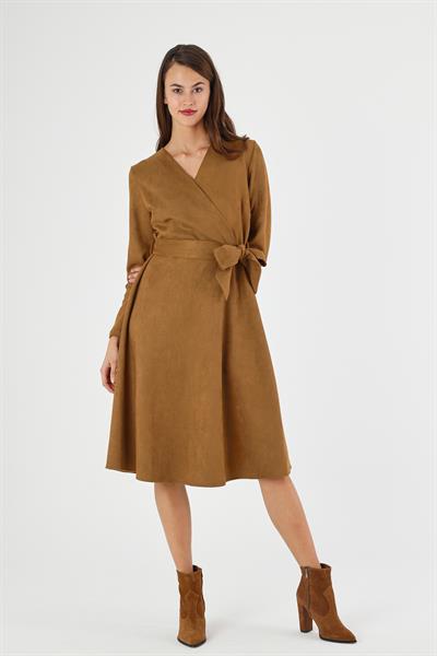 Kadın Süet Kuşaklı Kruvaze Yaka Detaylı Kloş Midi Boy Kışlık Elbise 4407/110