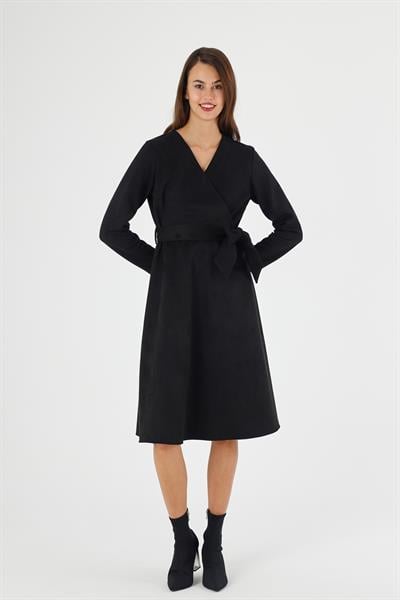 Kadın Süet Kuşaklı Kruvaze Yaka Detaylı Kloş Midi Boy Kışlık Elbise 4407/110