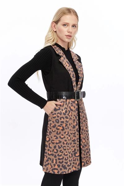 Apsen Kadın Siyah Dijital Baskılı Süet Kumaş Kemer Detaylı Yelek 8023-95 