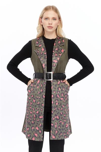 Apsen Kadın Haki Dijital Baskılı Süet Kumaş Kemer Detaylı Yelek 8023-95 