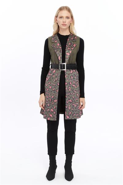 Apsen Kadın Haki Dijital Baskılı Süet Kumaş Kemer Detaylı Yelek 8023-95 
