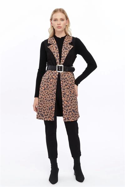 Apsen Kadın Siyah Dijital Baskılı Süet Kumaş Kemer Detaylı Yelek 8023-95 