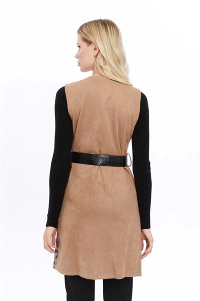 Apsen Kadın Açık Vizon Dijital Baskılı Süet Kumaş Kemer Detaylı Yelek 8023-95 